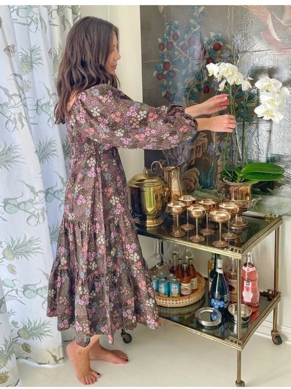 Summersalt Brown Midi Dress with Pink and Lilac Floral Print